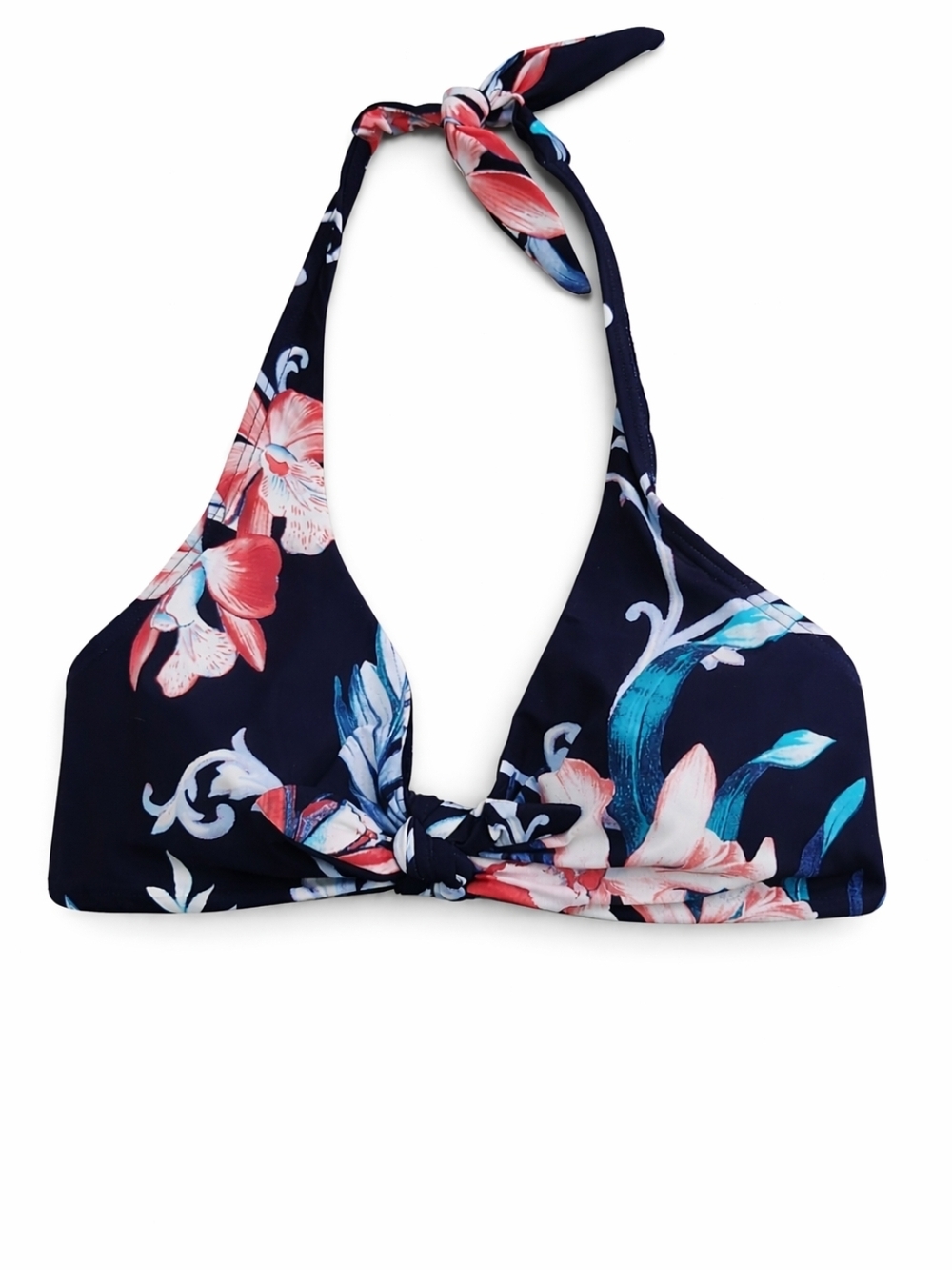 Carmen Marc Valvo Floral Halter Bikini Top XS NWT Navy Tropical Knot Front Swim